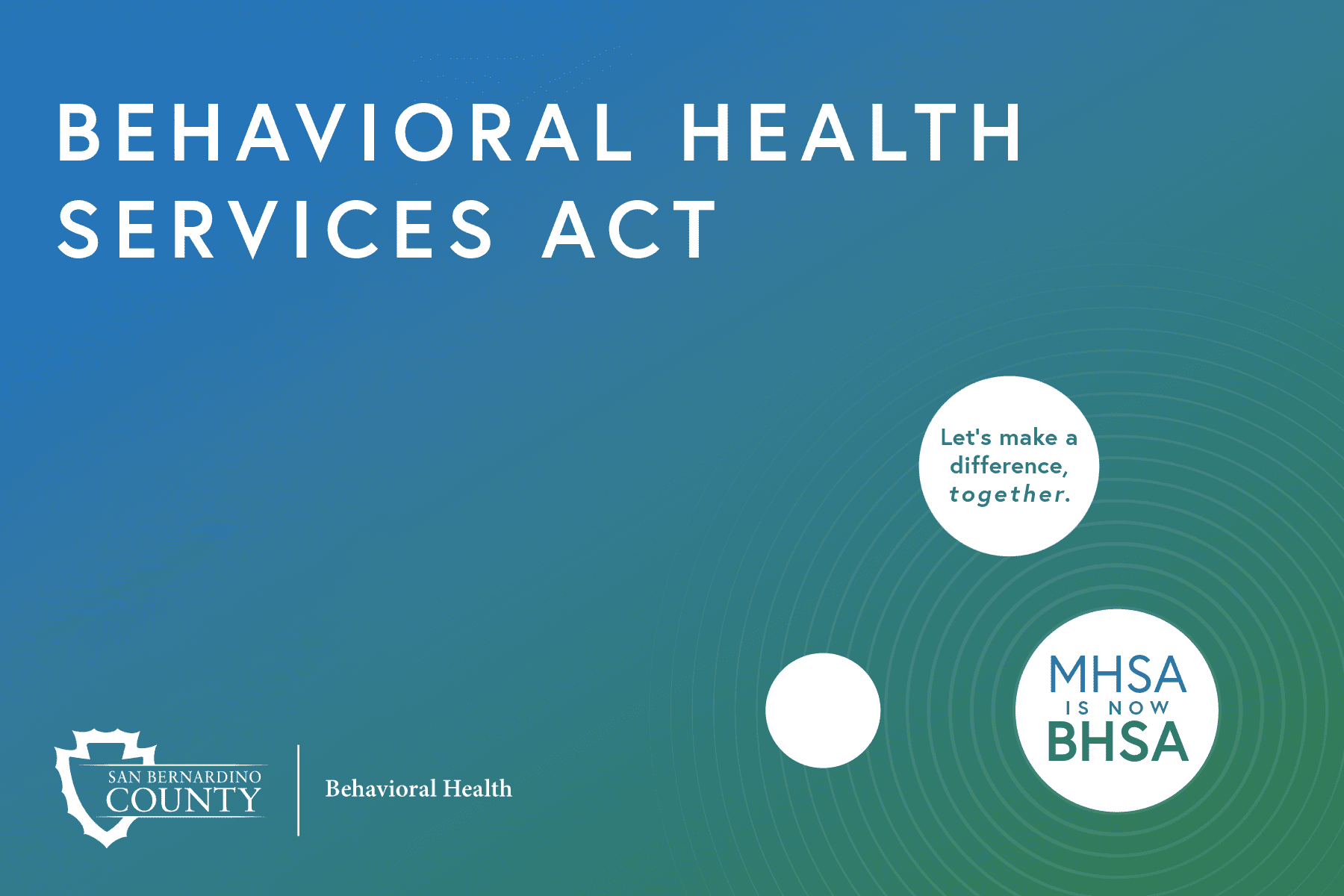 Graphic reading “Behavioral Health Services Act” with MHSA is now BHSA and San Bernardino County Behavioral Health logo.