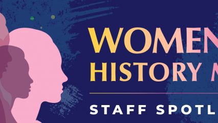 A banner for Women's History Month featuring text that says “Staff Spotlight” with silhouettes of diverse women on a purple background.