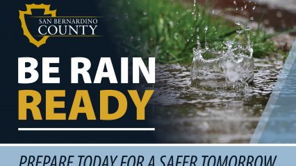 Be Rain Ready graphic with San Bernardino County logo, falling rain and water splashing on the ground.