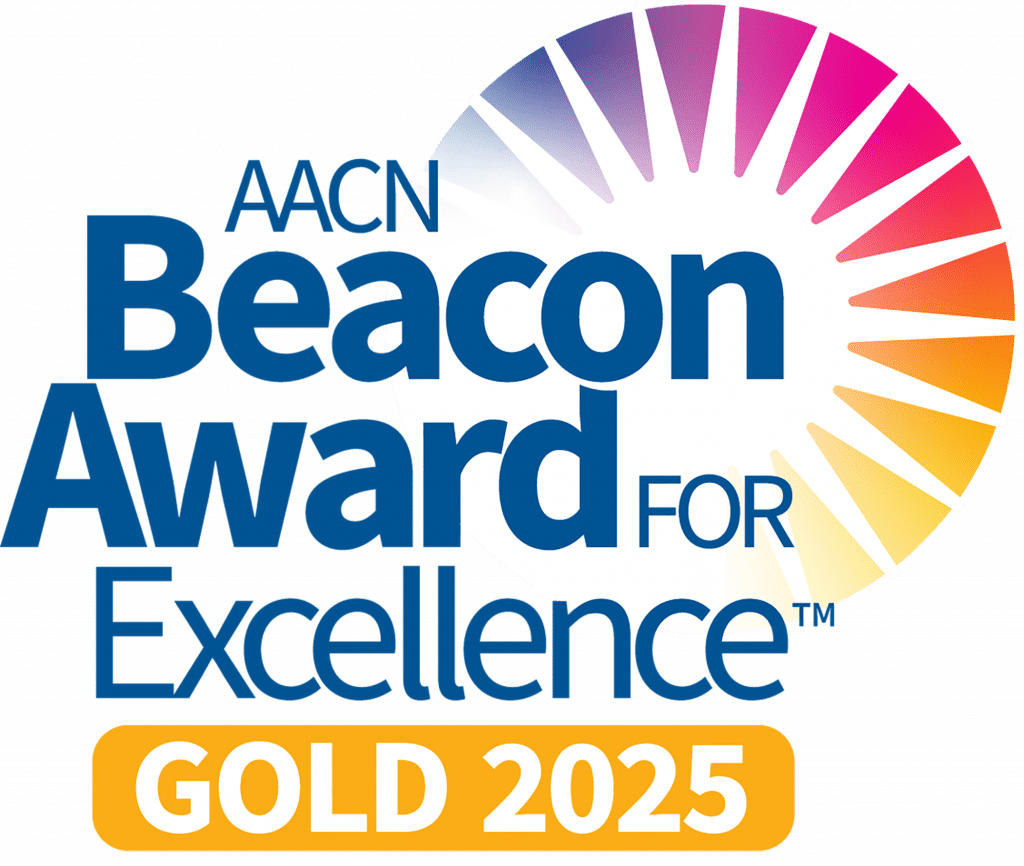 AACN Beacon Award for Excellence Gold 2025 badge with a colorful sunburst design.