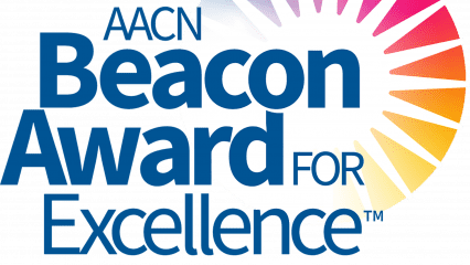 AACN Beacon Award for Excellence Gold 2025 badge with a colorful sunburst design.