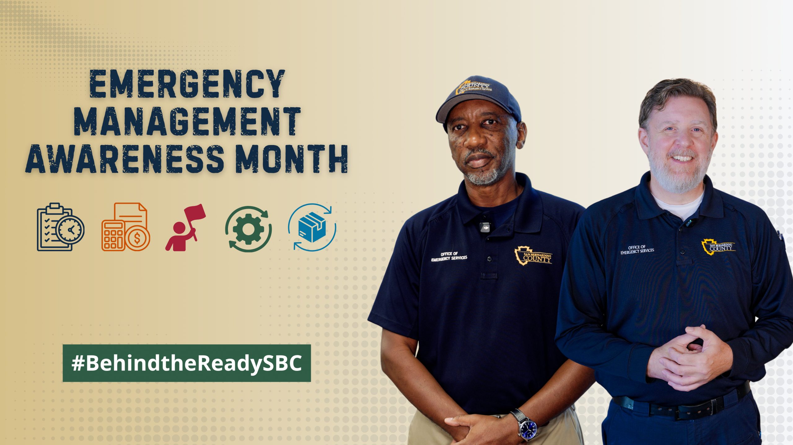 Office of Emergency Services staff while standing in a classroom, with a “Behind the Ready” graphic displayed.