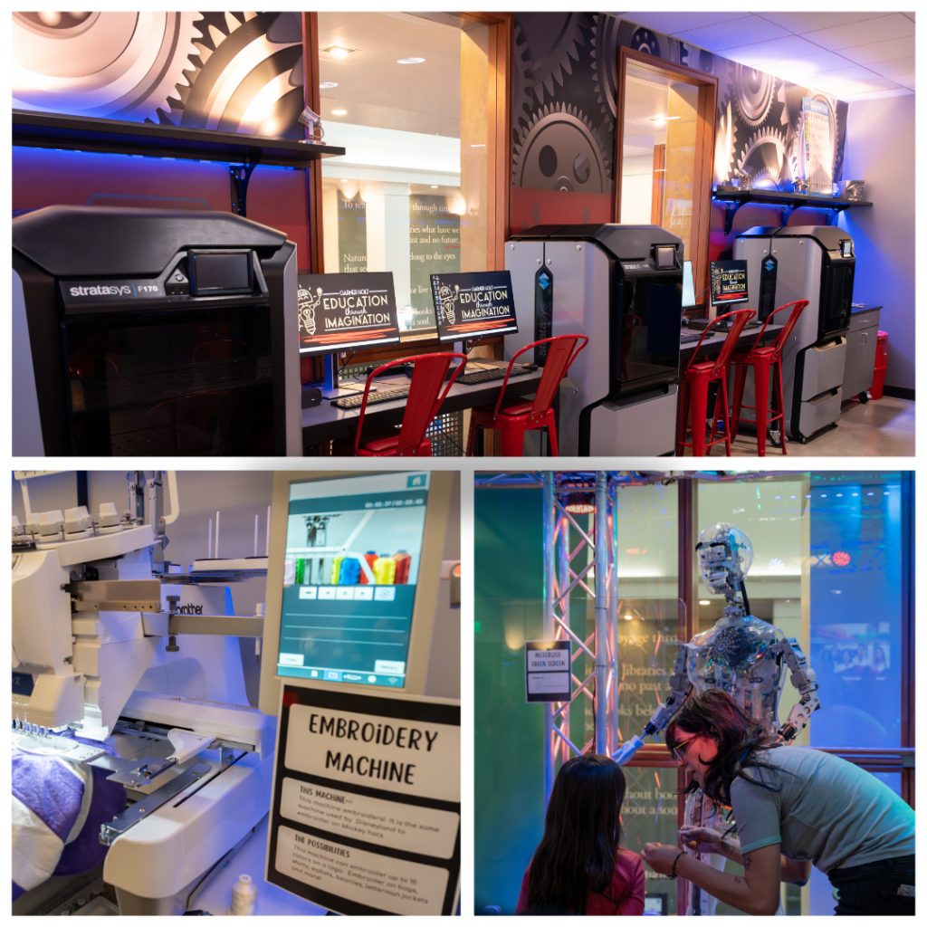 A vibrant makerspace featuring 3D printers, an embroidery machine, and a humanoid robot. Red chairs add a lively touch, conveying creativity and innovation.