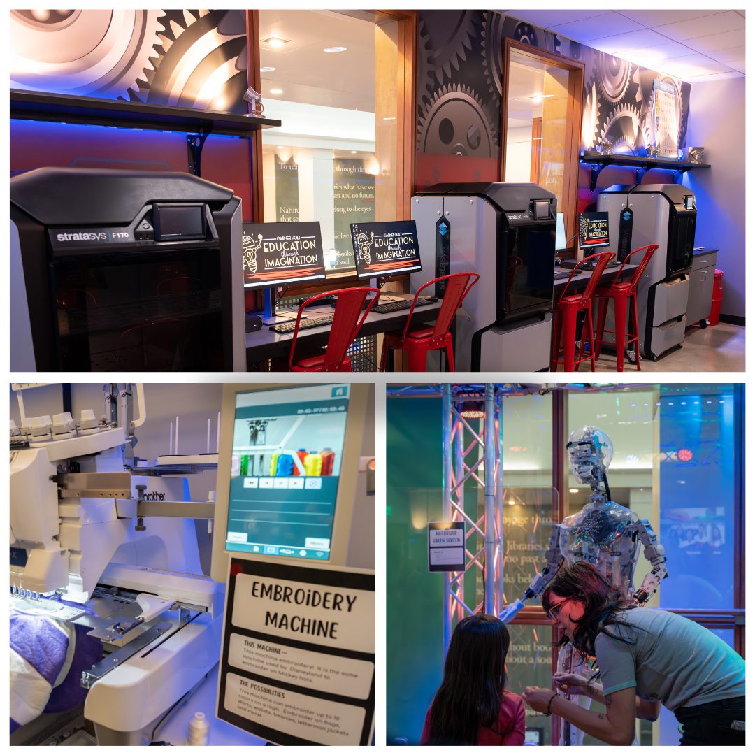 A vibrant makerspace featuring 3D printers, an embroidery machine, and a humanoid robot. Red chairs add a lively touch, conveying creativity and innovation.