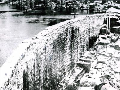 Black and white photo of a dam surrounded by trees.