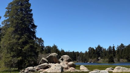A scenic landscape featuring a clear blue sky over a peaceful lake surrounded by lush green trees.