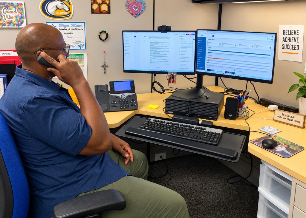 Social Service Practitioner Brian Jones speaks by phone at his workstation while viewing the DAAS Safety Response system on dual monitors.