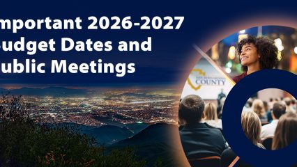 Text “Important 2026-2027 Budget Dates and Public Meetings” over city at night; circle shows woman, audience, and “San Bernardino County” logo.