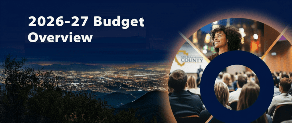 2026-27 Budget Overview text over a night cityscape; circular graphic shows a speaker addressing an audience and a smiling woman above.