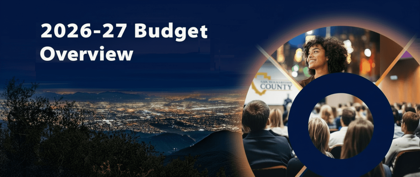 2026-27 Budget Overview text over a night cityscape; circular graphic shows a speaker addressing an audience and a smiling woman above.