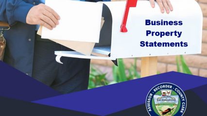 Mail being placed in a mailbox with notice Business Property Statements due date May 7, 2026 with an ARC logo.