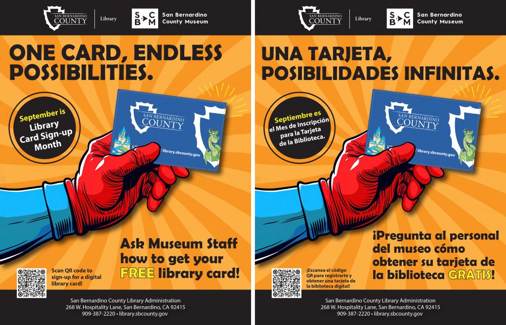 A superhero holds a library card and there’s text that says "One Card, Endless Possibilities," "September is Library Card Sign-up Month."