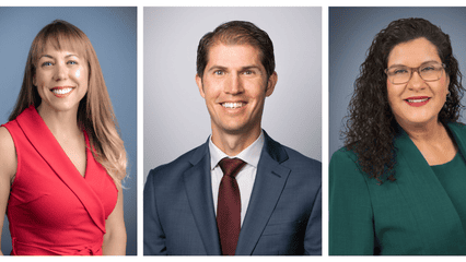 Three professional headshots, two women and one man, wearing business attire.