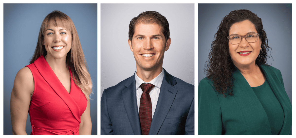 Three professional headshots, two women and one man, wearing business attire.