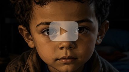 Close-up of a young child with curly hair looking directly into the camera in dim lighting with a play button overlay.