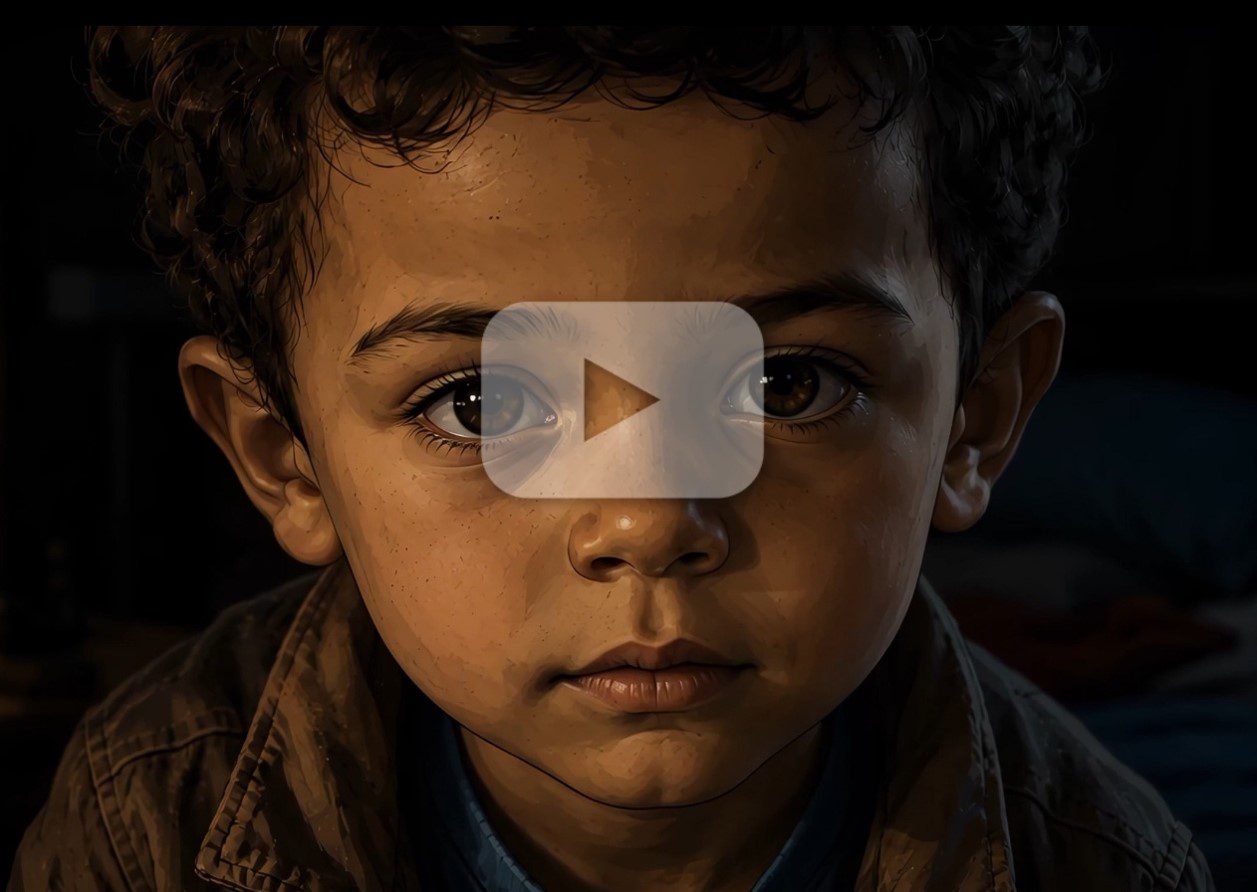 Close-up of a young child with curly hair looking directly into the camera in dim lighting with a play button overlay.