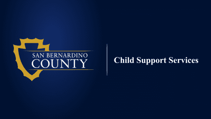 Logo for San Bernardino County Child Support Services featuring a gold shield design on a dark blue background.