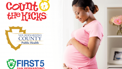 Smiling pregnant woman with hands on belly alongside Count the Kicks, San Bernardino County Public Health, and First 5 logos.