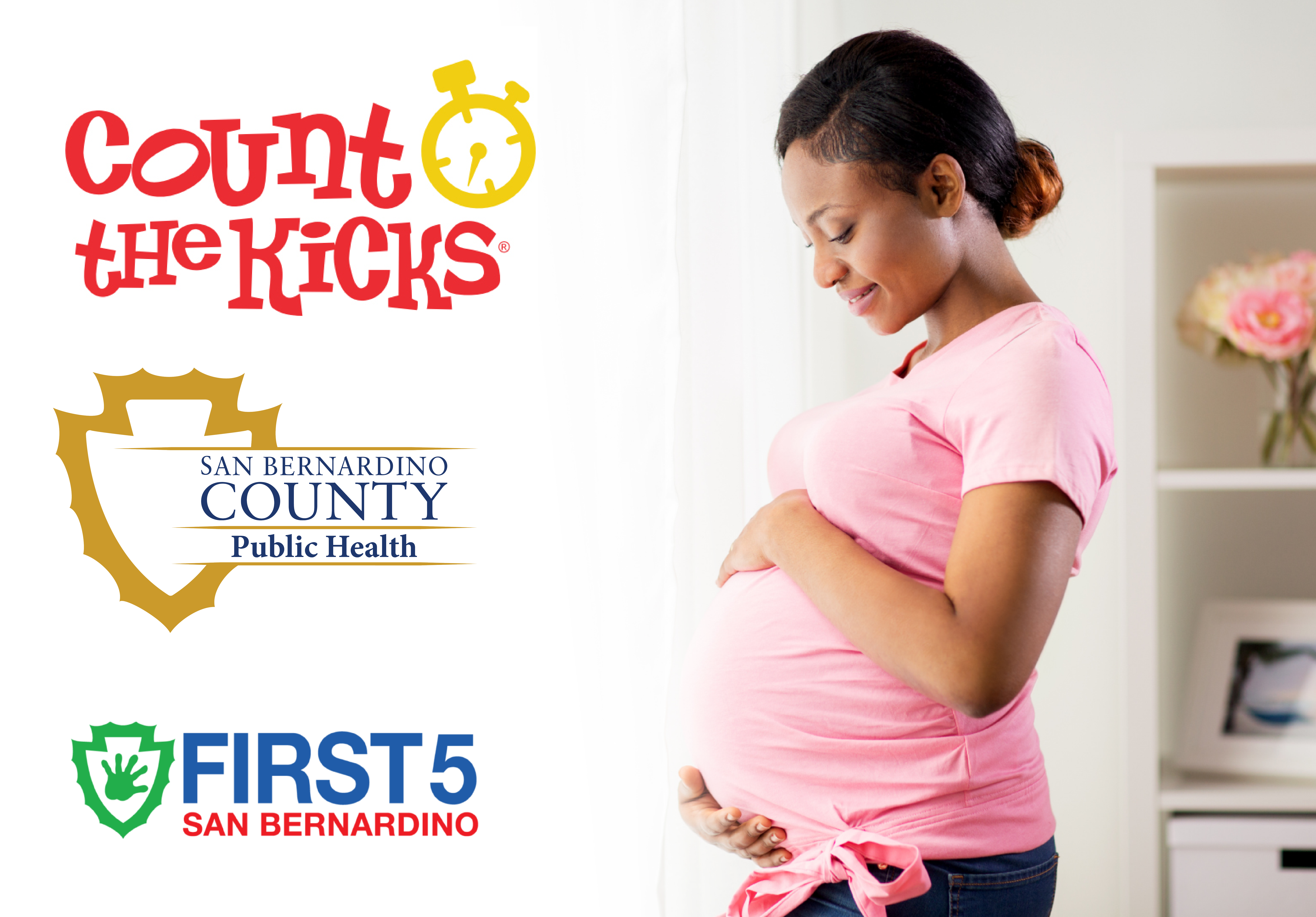 Smiling pregnant woman with hands on belly alongside Count the Kicks, San Bernardino County Public Health, and First 5 logos.