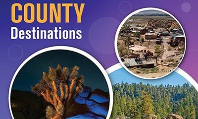 A collage of scenic locations including a Joshua Tree, a historic town and mountains; text "Share your favorite San Bernardino County Destinations."