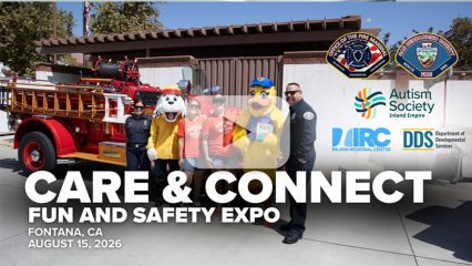 Fire truck with safety mascots and event staff posing at the Care & Connect Fun and Safety Expo in Fontana.