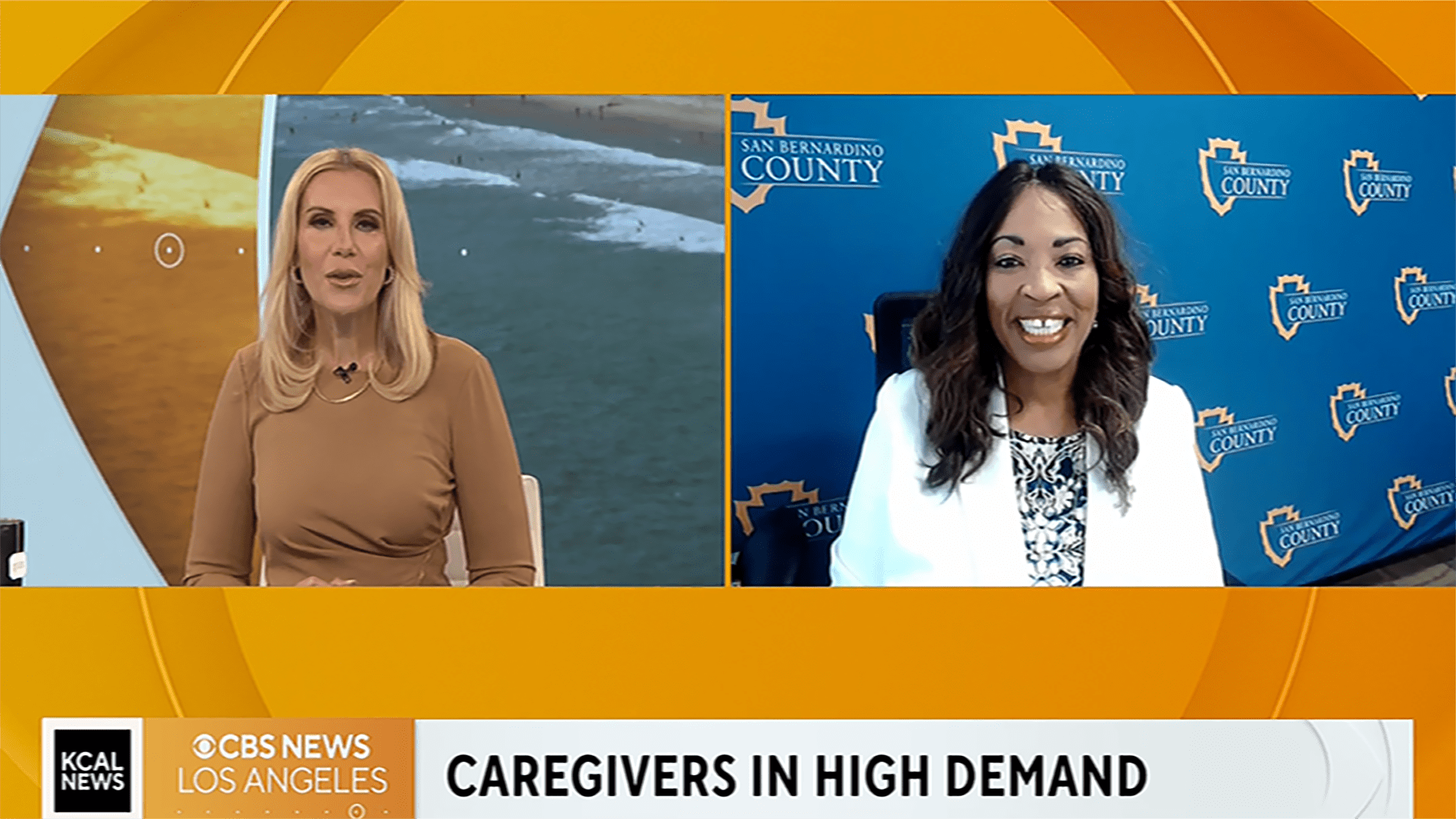 A KCAL News reporter appears on the left and San Bernardino County’s IHSS Executive Director Roxanne Young appears on the right of a split screen with the text “Caregivers in High Demand.”