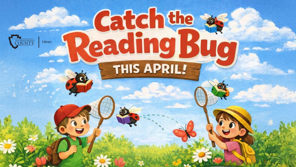 Colorful banner showing two kids with nets chasing cartoon ladybugs reading books in a field, promoting a library reading program in April.