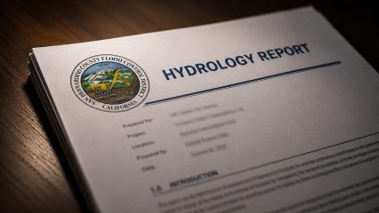 Cover page of a San Bernardino County Flood Control District hydrology report on a wooden desk.
