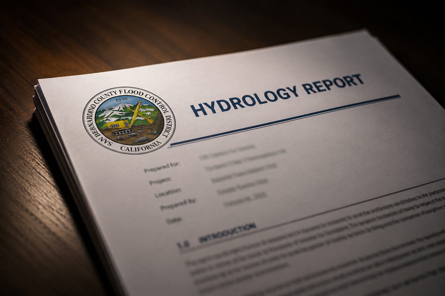 Cover page of a San Bernardino County Flood Control District hydrology report on a wooden desk.