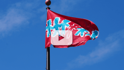 Red flag with teal human figures waves on a flagpole against a clear blue sky.