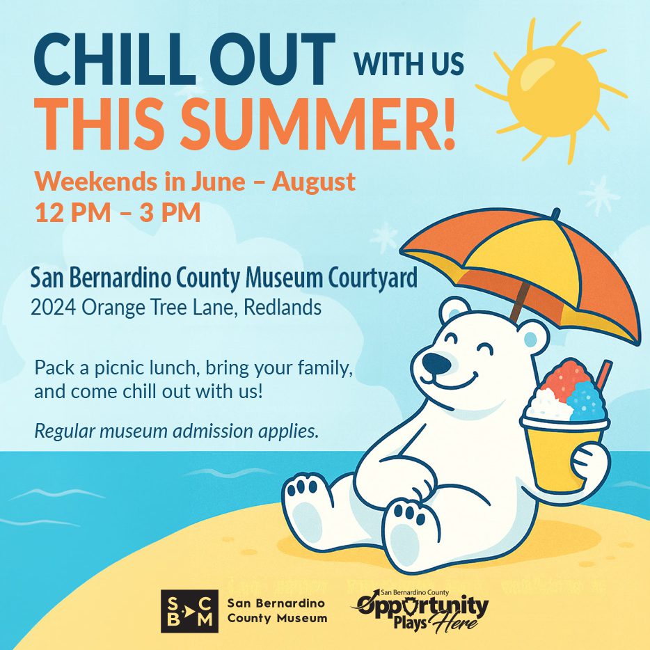 Announcement for summer programming at the San Bernardino County Museum during the summer months, taking place from noon to 3 p.m., highlighting events. Regular museum admission applies.