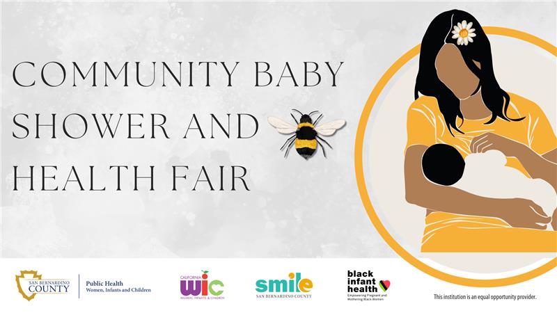 Illustration of mother breastfeeding child with event info for WIC's baby shower and health fair in San Bernardino on August 9.
