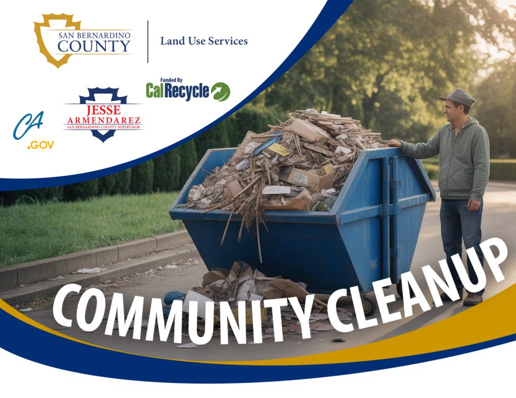 Banner for San Bernardino County Land Use Services Community Cleanup, featuring a man beside a blue dumpster filled with debris.