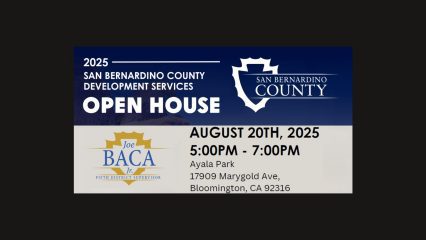 2025 San Bernardino County Development Services Open House on August 20, 2025, 5–7 p.m. at Ayala Park, 17909 Marygold Ave, Bloomington.