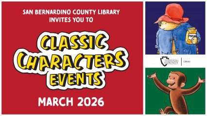 Red event poster for San Bernardino County Library's "Classic Characters Event," March 2026, featuring illustrations of a bear in a red hat and a joyful monkey.