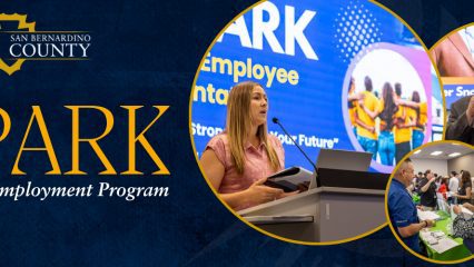 SPARK Youth Employment Program banner with County logo and photos of presenters and participants at a program event.
