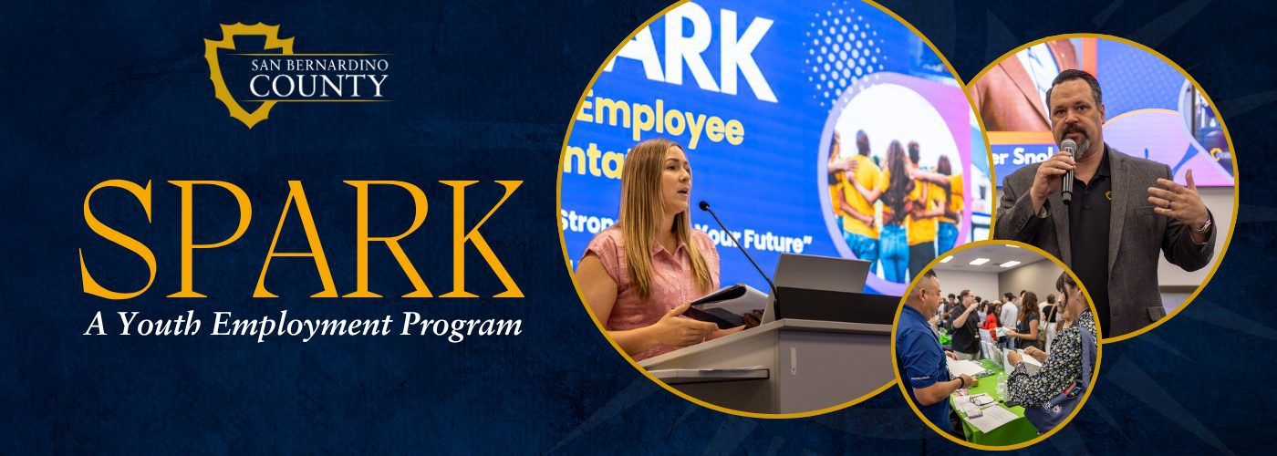 SPARK Youth Employment Program banner with County logo and photos of presenters and participants at a program event.