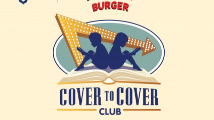 Reading program poster with book and children illustration. Text reads “Join the In-N-Out Burger Cover to Cover Club.”