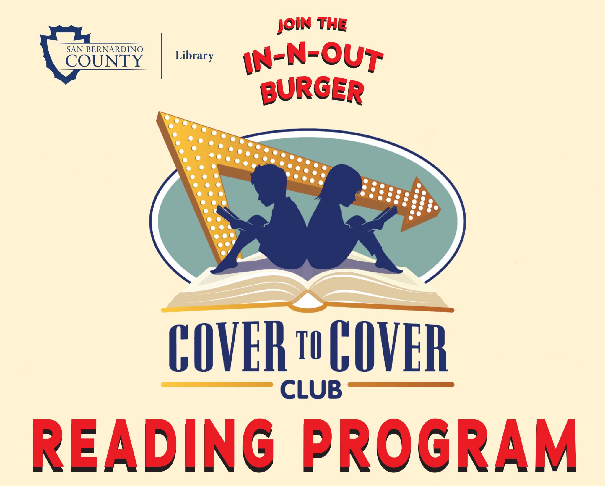 Reading program poster with book and children illustration. Text reads “Join the In-N-Out Burger Cover to Cover Club.”