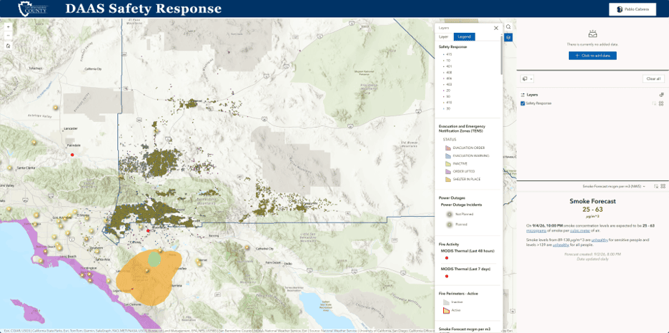 DAAS Safety Response GIS map shows client locations across San Bernardino County with layers for evacuation zones, power outages, fire activity and smoke forecasts.