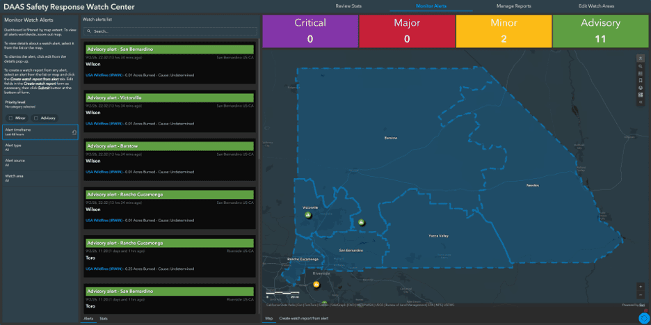 DAAS Safety Response Watch Center map shows 13 active alerts: zero critical, zero major, two minor and 11 advisory alerts across watch areas.