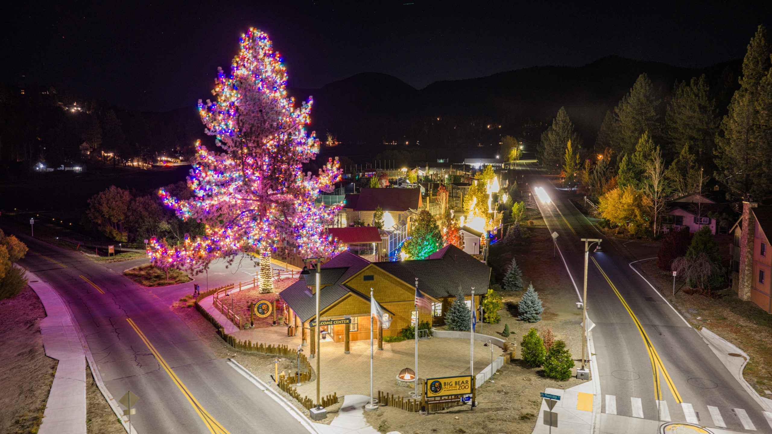 Aerial view of Big Bear Alpine Zoo’s Wild Lights display.