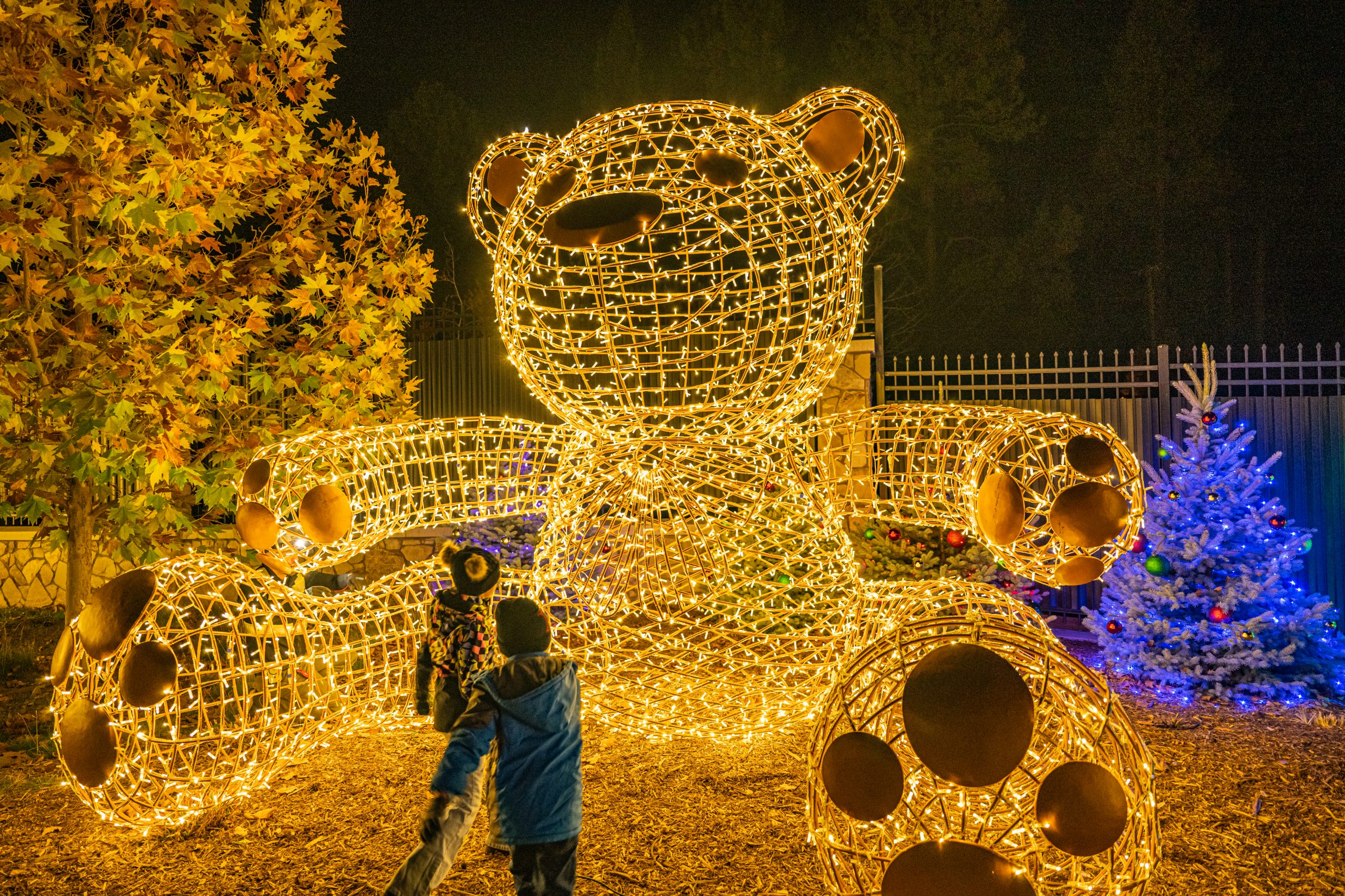 Kids look up at a large illuminated bear sculpture at Big Bear Alpine Zoo’s Wild Lights display.