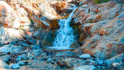 A small waterfall cascading over rocks surrounded by trees.