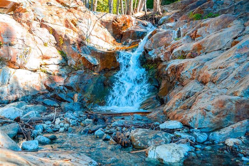 A small waterfall cascading over rocks surrounded by trees.