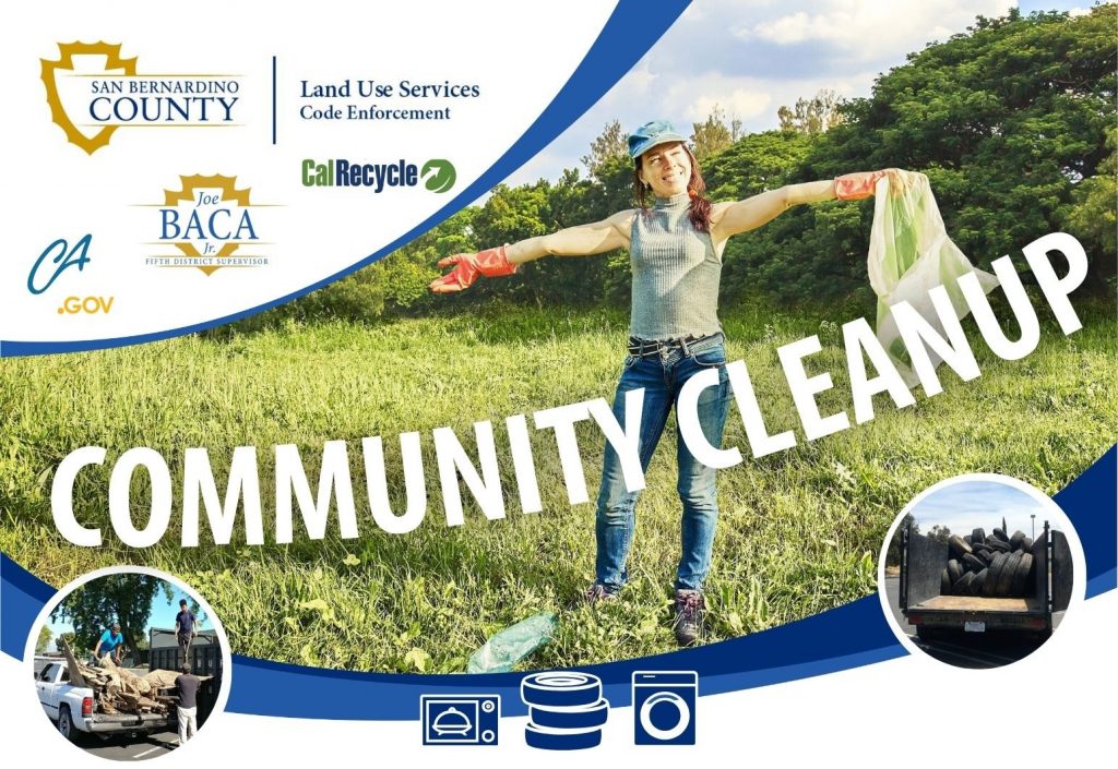 Neighborhood clean-up flyer with woman holding trash bags in grassy field; San Bernardino event details and disposal icons shown.