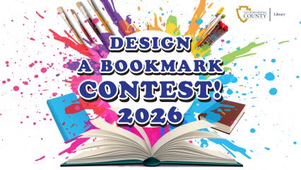 Illustration for “Design a Bookmark Contest 2026 with splashes of paint, books, paintbrushes with SBCL logo.