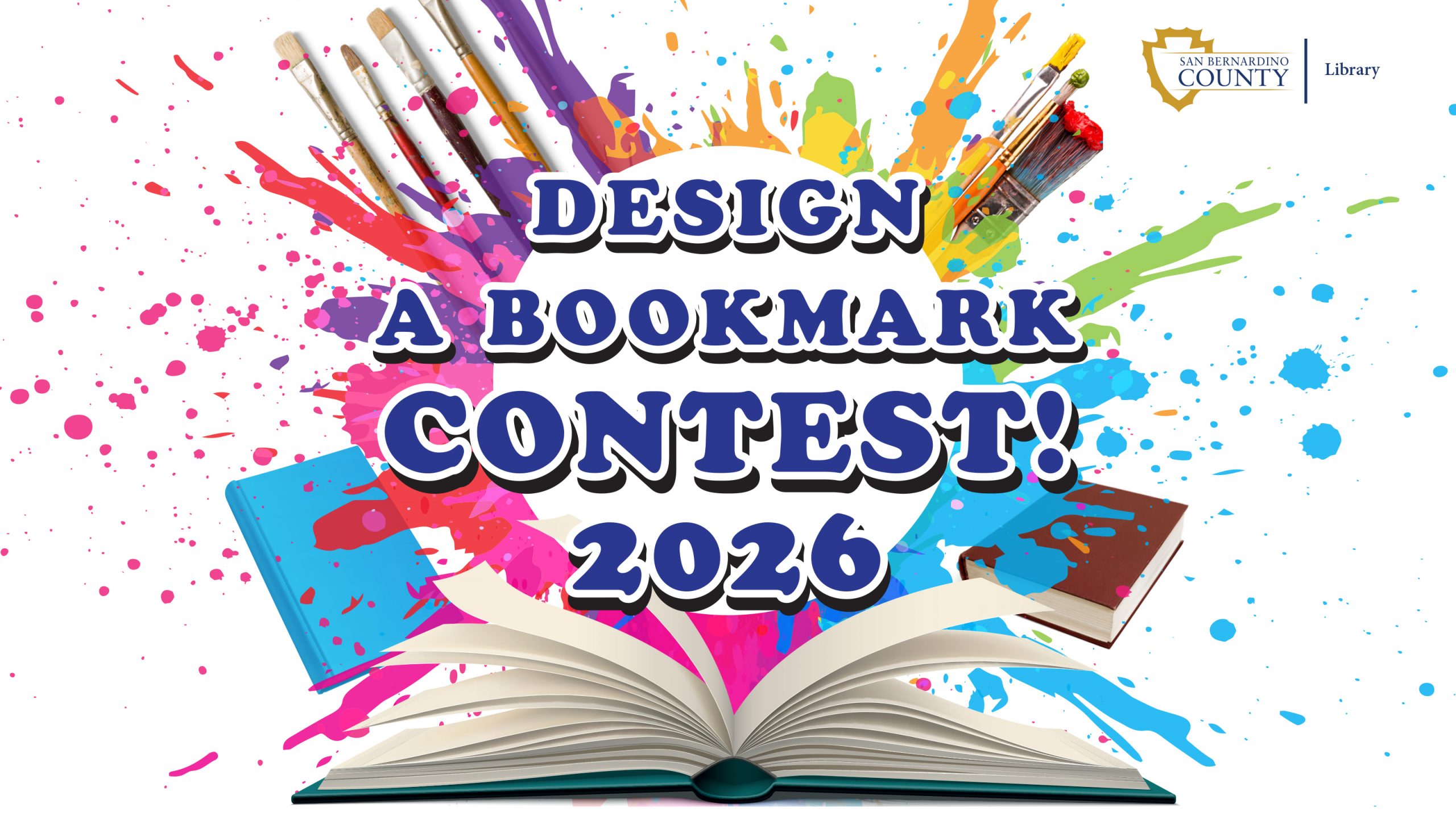 Illustration for “Design a Bookmark Contest 2026 with splashes of paint, books, paintbrushes with SBCL logo.