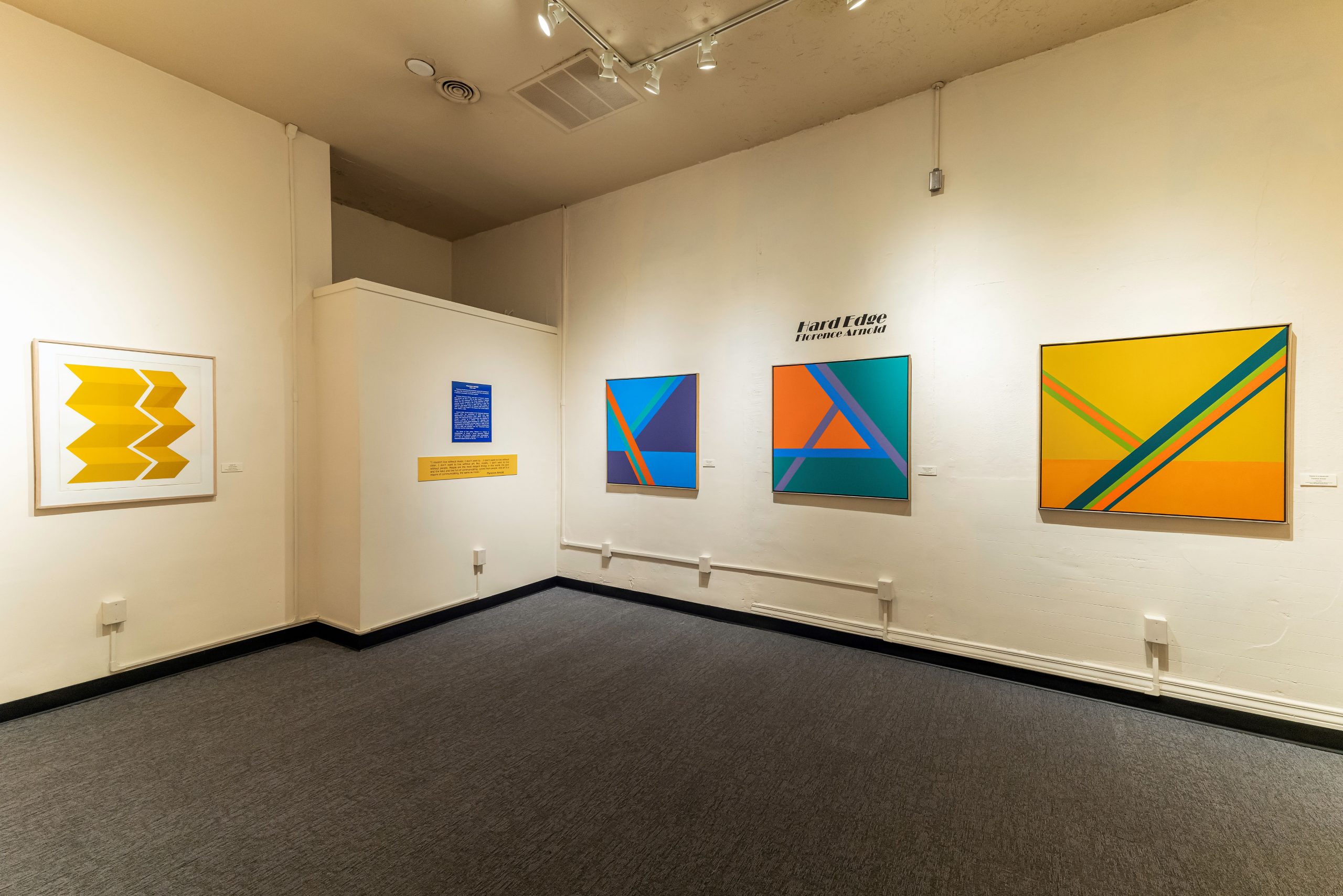 An art exhibition room displaying a series of abstract paintings set against a white wall.