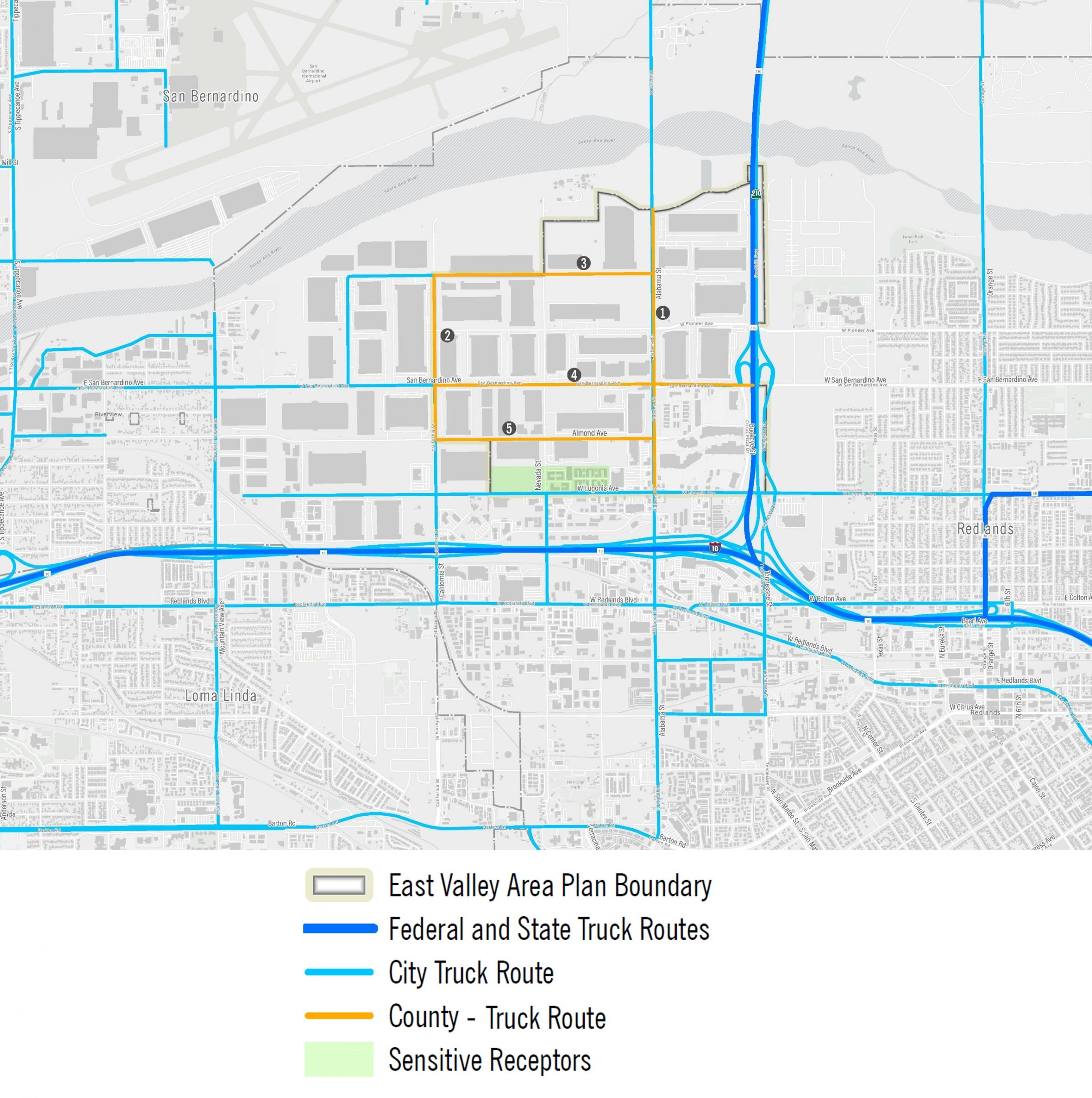 A grid map with gray areas and a small green area. Several truck routes are displayed as colored lines across the map. Federal and State Truck Routes are shown in thick dark blue lines running east–west and north–south, including major highway segments. City Truck Route is shown in light blue lines, connecting local roads in Bernardino, Loma Linda, Redlands, and adjacent areas. County Truck Routes are shown in three yellow east–west lines and two north-south lines, for a total of 5 yellow lines labeled “1” to “5,” running near the center of the map. The small green area represents Sensitive Receptors. City name labels visible on the map include: San Bernardino, Loma Linda and Redlands.